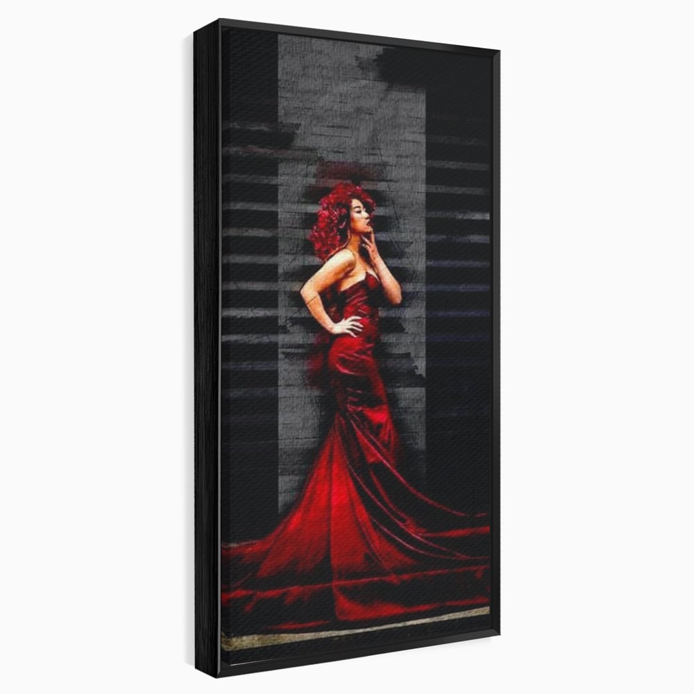 Tablou canvas cu tablou canvas cu femeie in rochie rosie, in rama de aluminiu negru